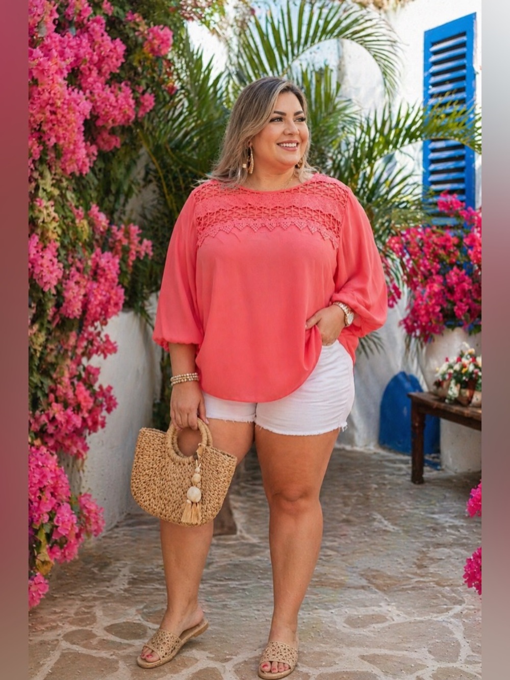 HALO Blusa Coral 3X Plus Size Boho Chic Encaje Fluida Verano Trendy